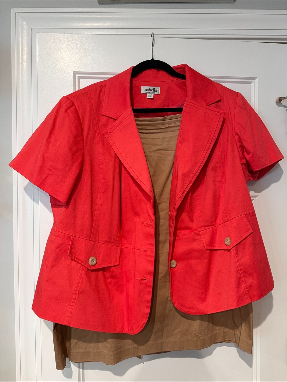 Isabella Suits Short-Sleeve 2 piece Suit w/ Coral Blazer and Tan Skirt
